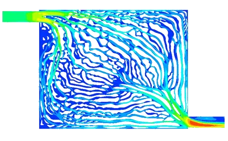 Thermal-fluid simulation showing flow distribution through a topology-led cold-plate channel network