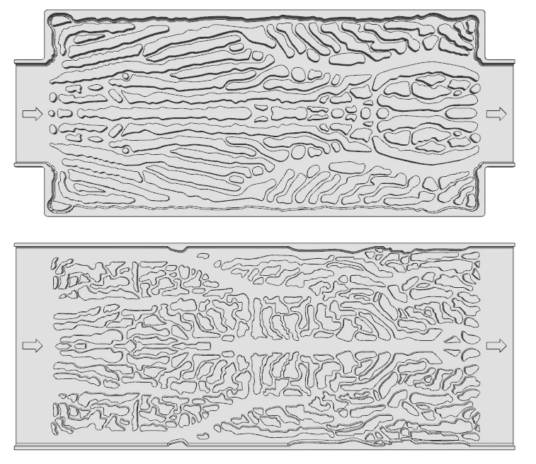 Two reconstructed topology-optimized cold-plate channel layouts with inlet and outlet arrows
