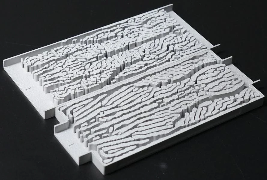 Physical prints of reconstructed topology-optimized cold-plate channel layouts from the supplied reference study